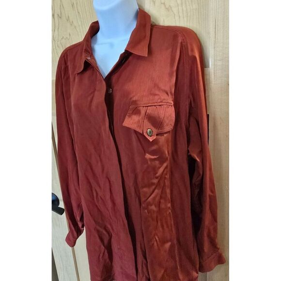 Womens Rust Button-Up Long-Sleeve Blouse Shirt W/ Chest Pocket & Back Pleat - Picture 2 of 10